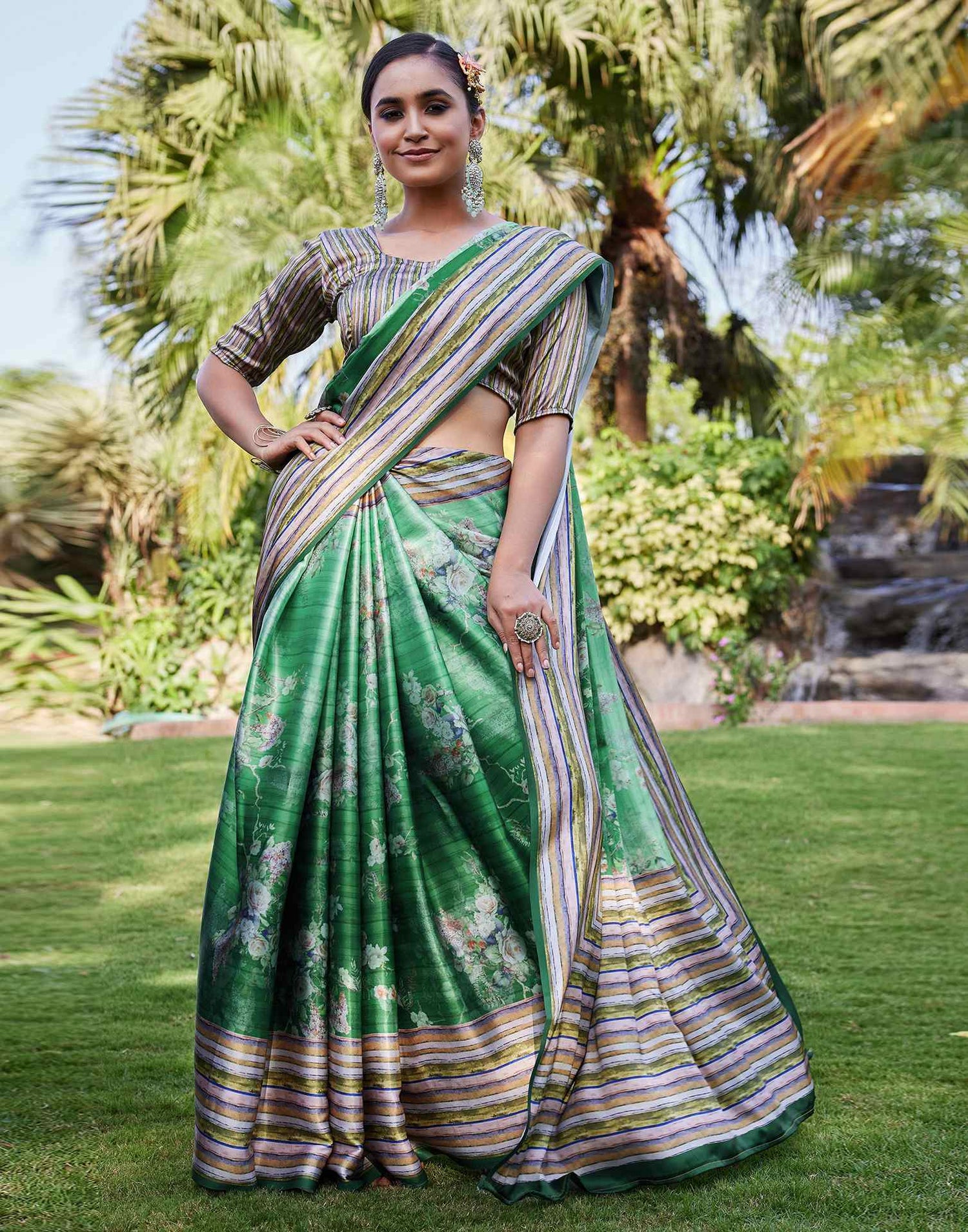 Green Satin Floral Printed Saree