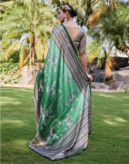 Green Satin Floral Printed Saree