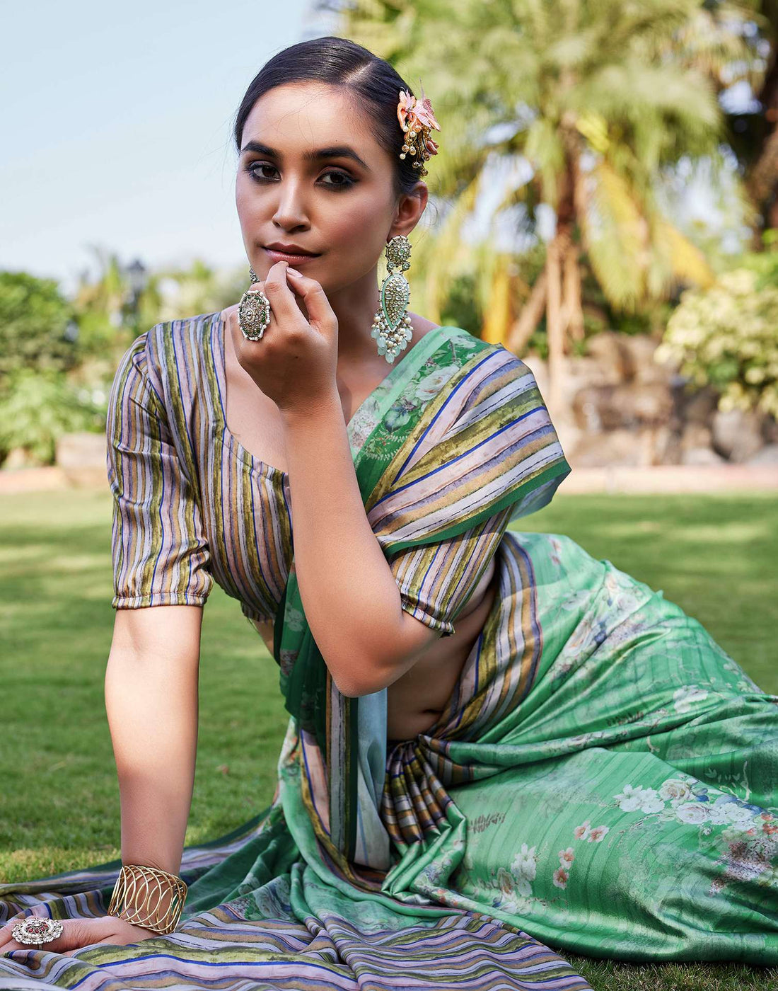 Green Satin Floral Printed Saree