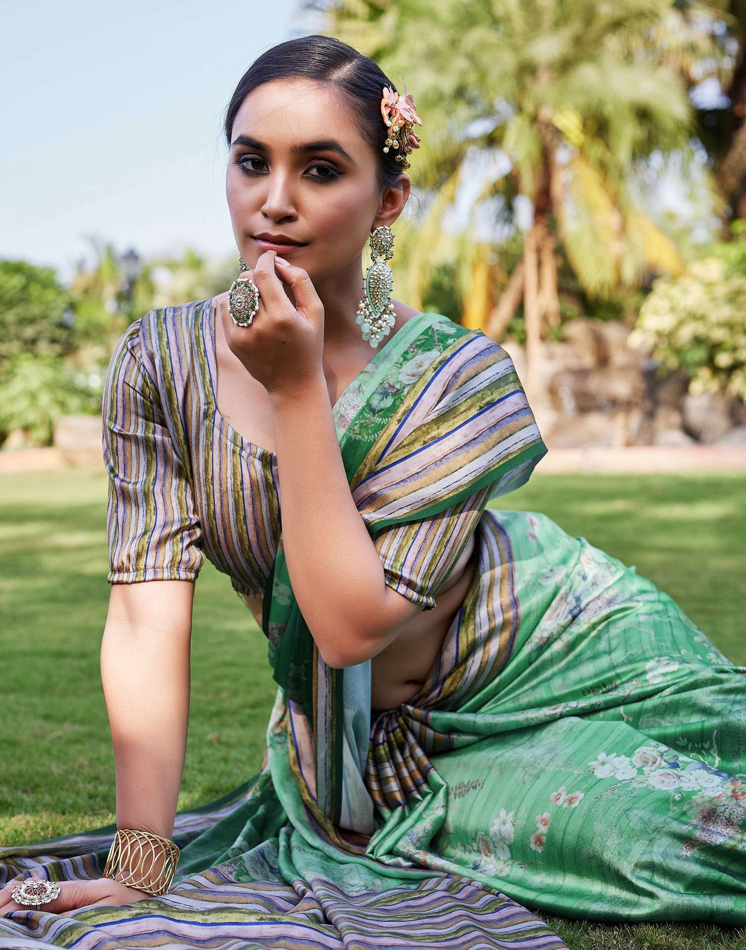 Green Satin Floral Printed Saree