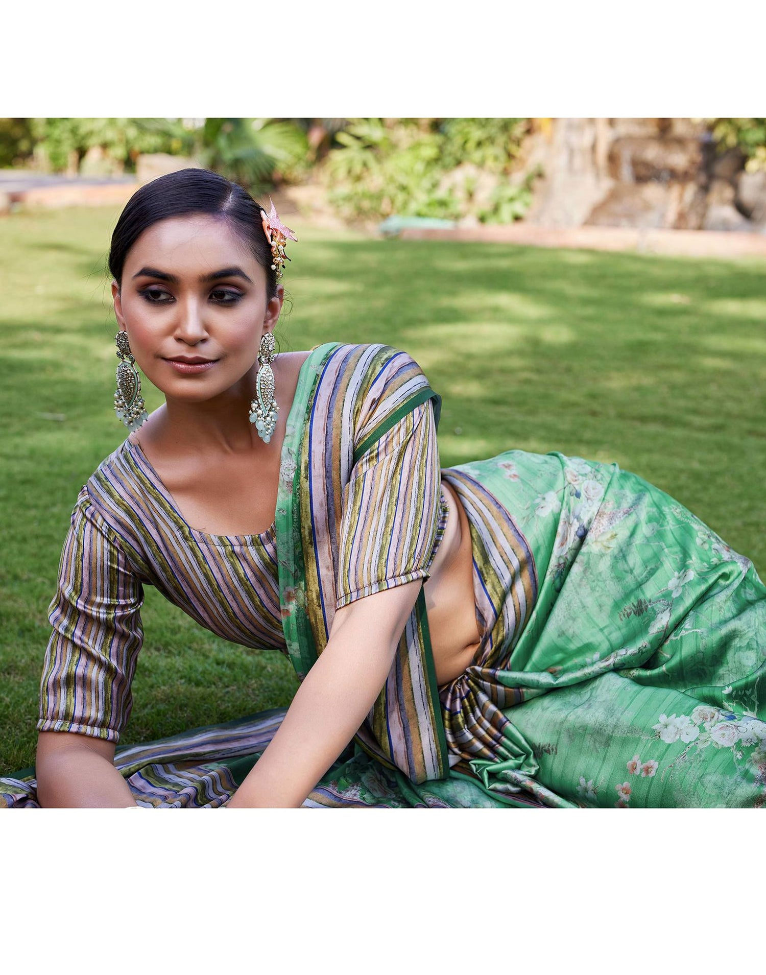 Green Satin Floral Printed Saree