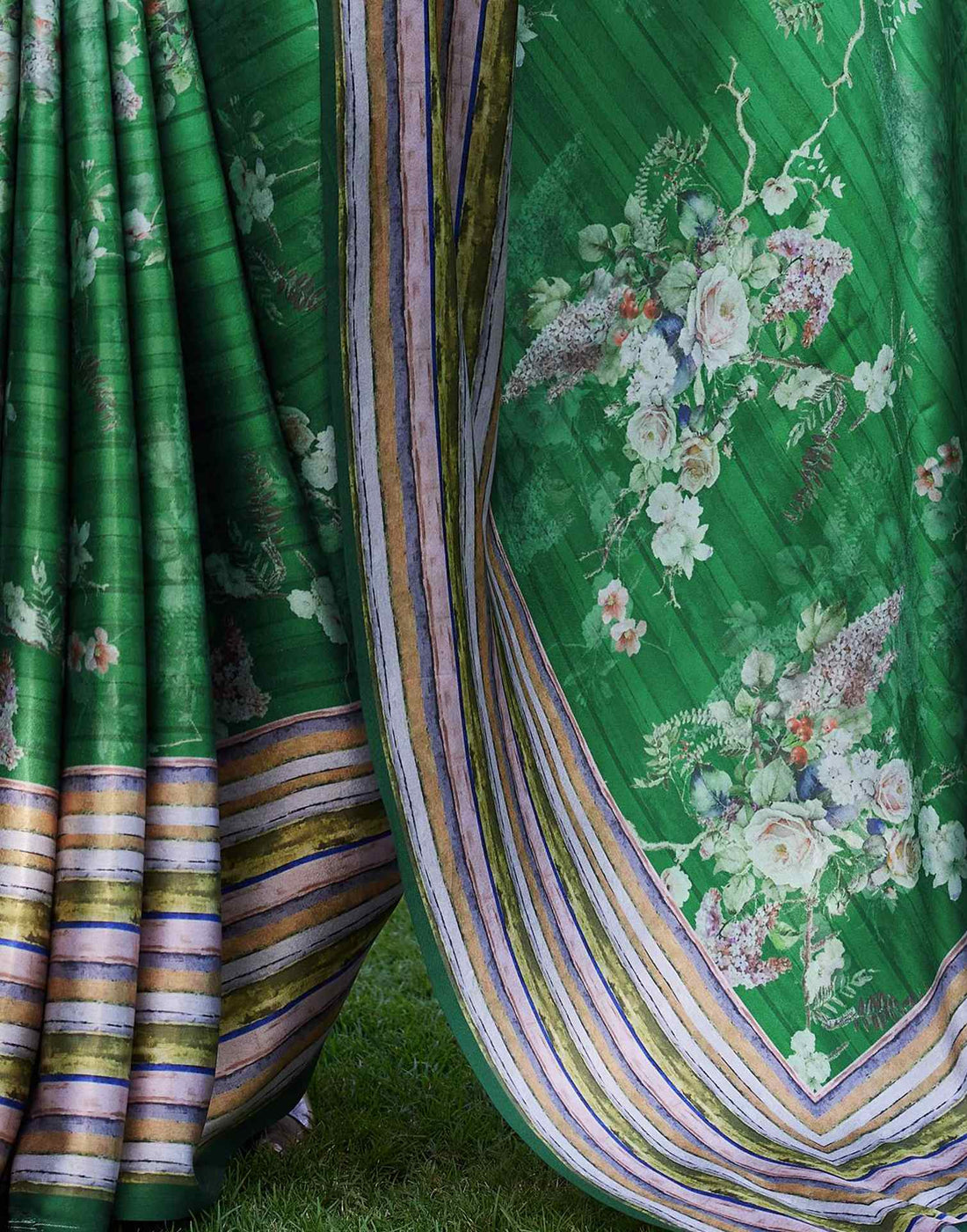 Green Satin Floral Printed Saree