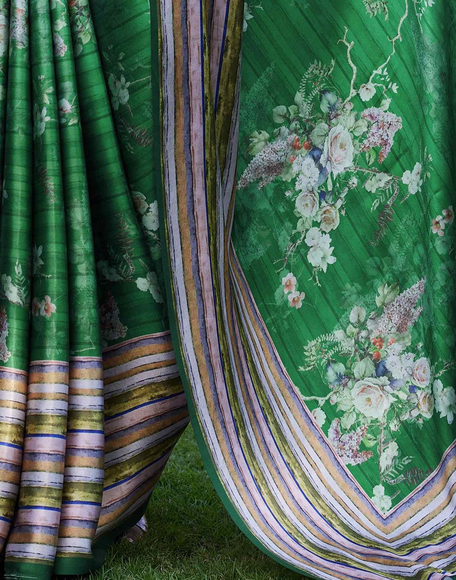 Green Satin Floral Printed Saree
