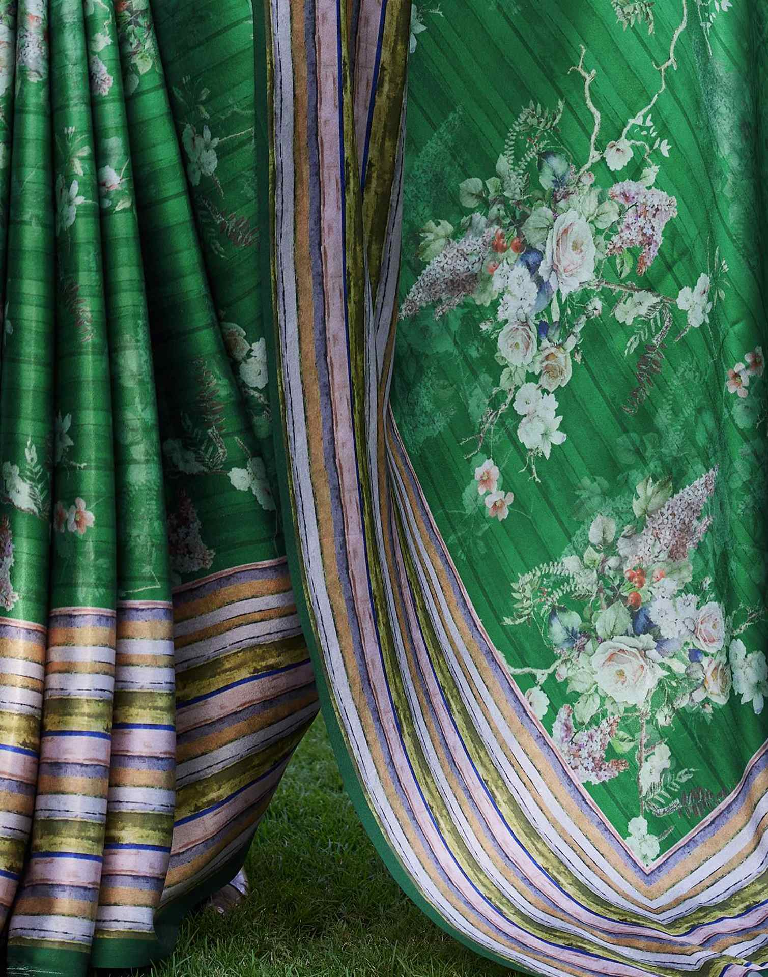Green Satin Floral Printed Saree