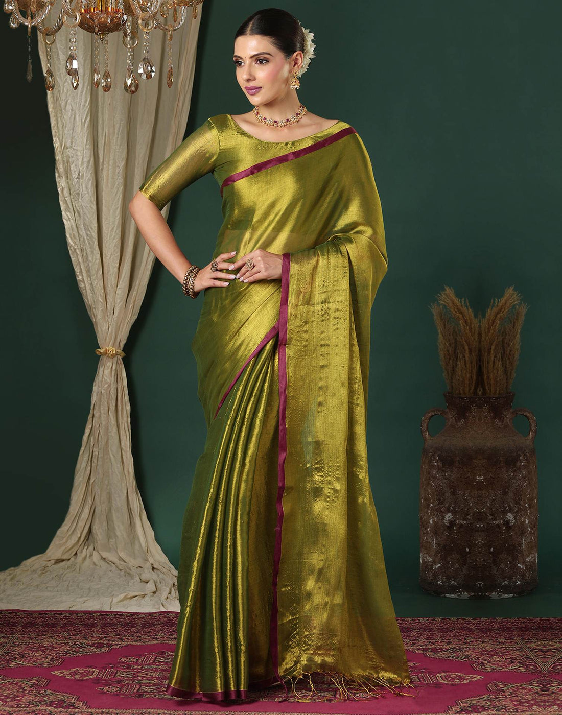 Olive Green Tissue Silk Top Dyed Kanjivaram Saree