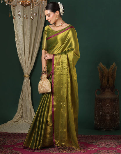 Olive Green Tissue Silk Top Dyed Kanjivaram Saree