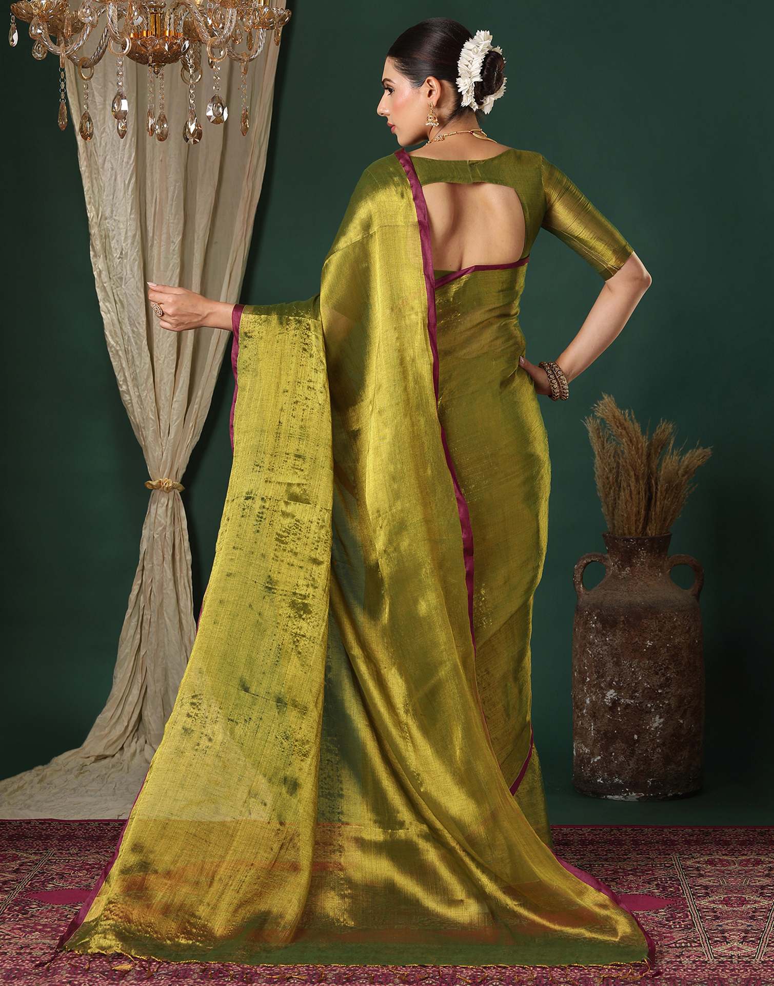 Olive Green Tissue Silk Top Dyed Kanjivaram Saree