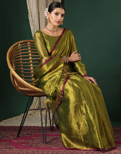 Olive Green Tissue Silk Top Dyed Kanjivaram Saree