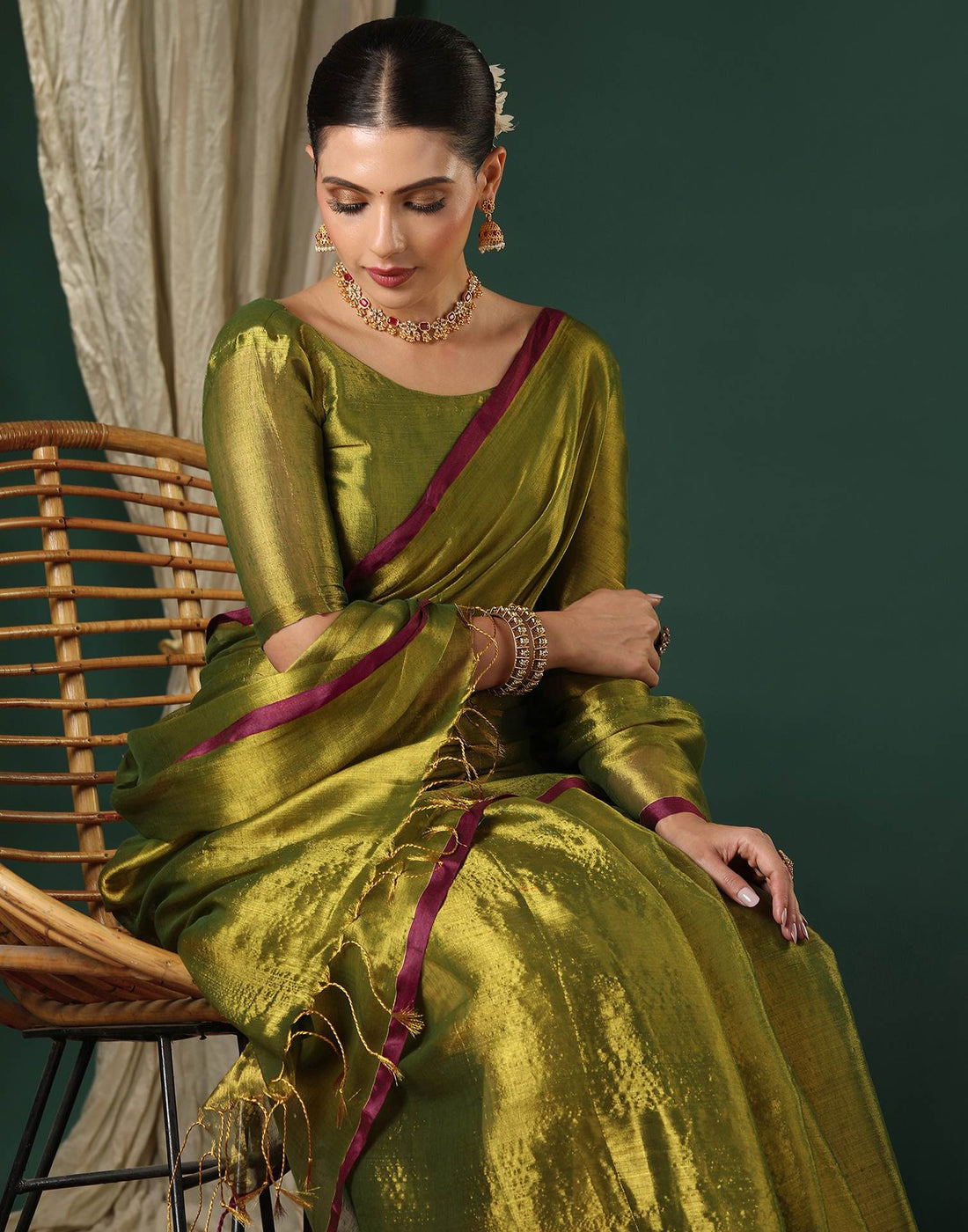 Olive Green Tissue Silk Top Dyed Kanjivaram Saree
