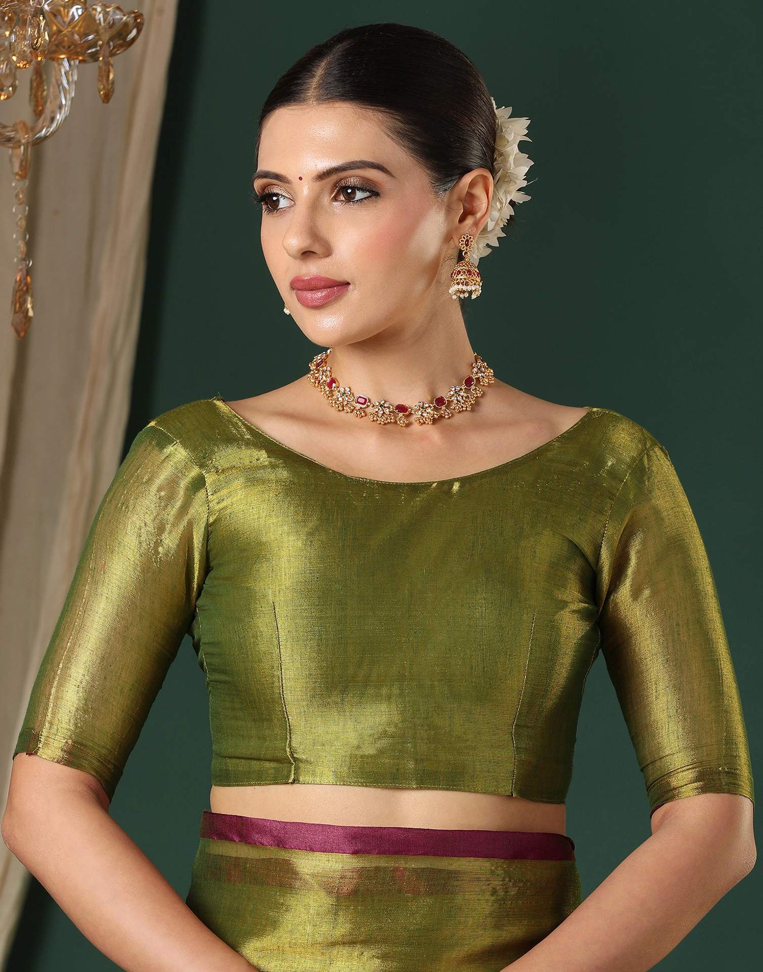 Olive Green Tissue Silk Top Dyed Kanjivaram Saree