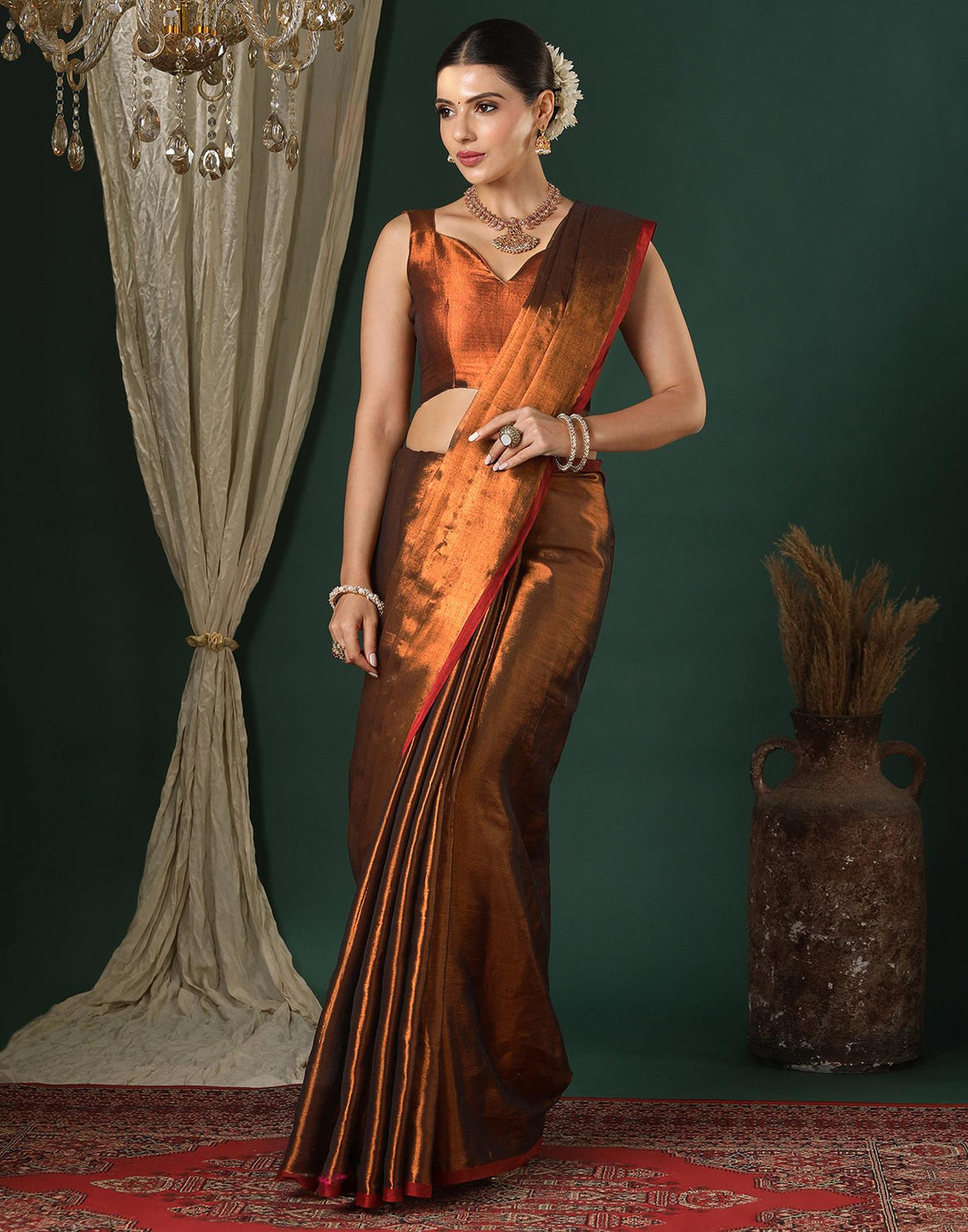 Rust Tissue Silk Top Dyed Kanjivaram Saree