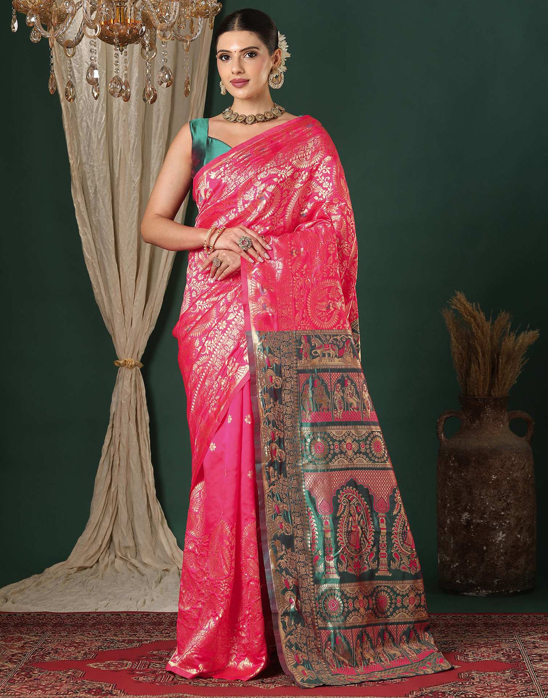 Bright Pink Silk Woven Banarasi Saree