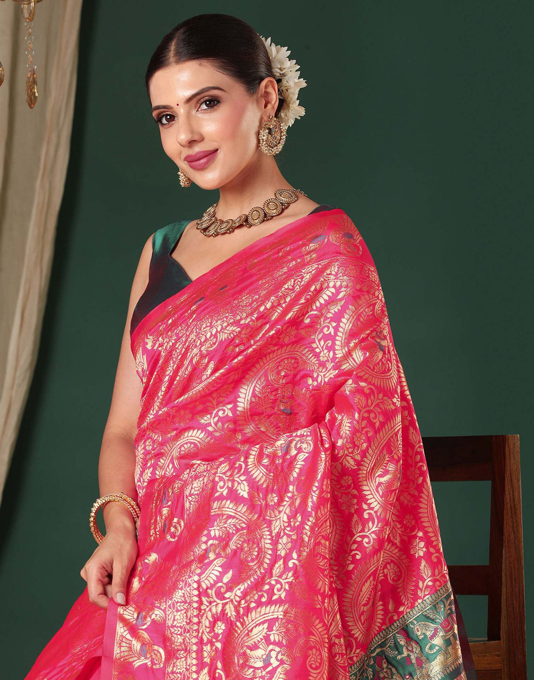 Bright Pink Silk Woven Banarasi Saree