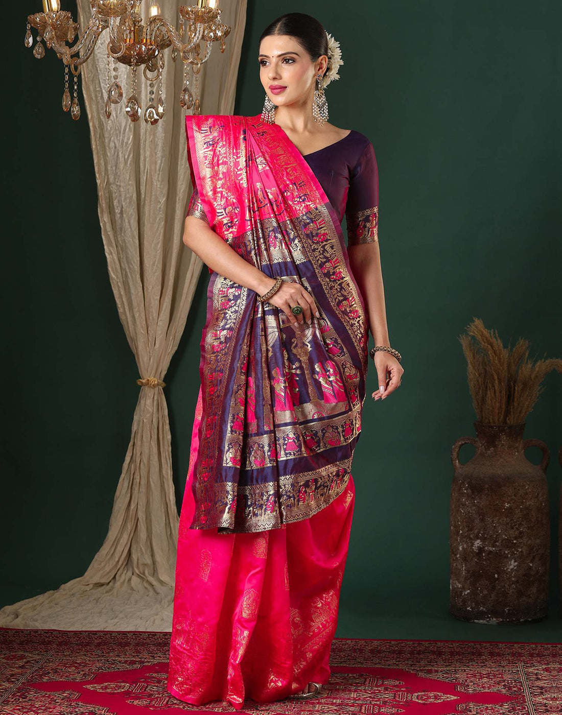 Bright Pink Silk Woven Banarasi Saree