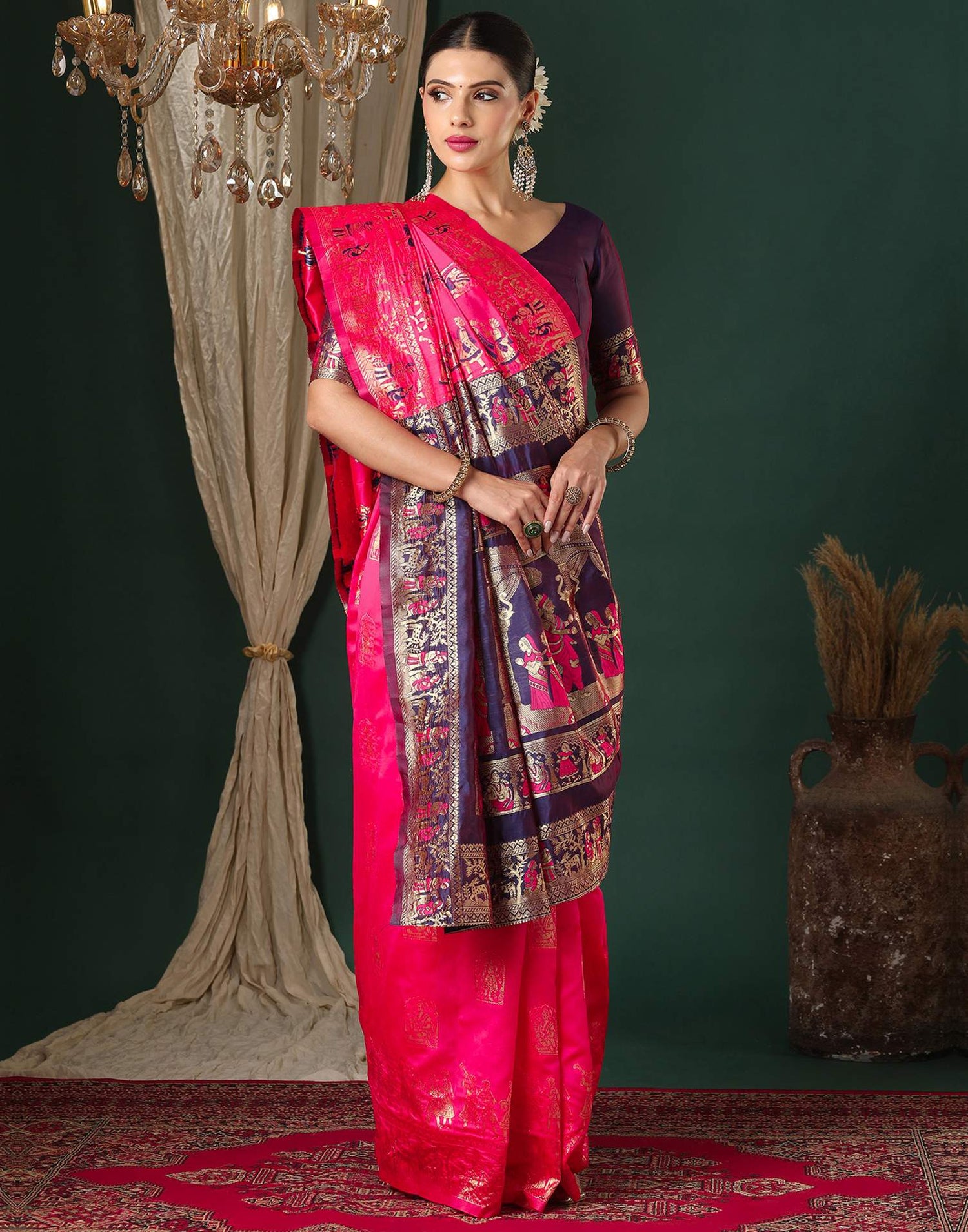 Bright Pink Silk Woven Banarasi Saree