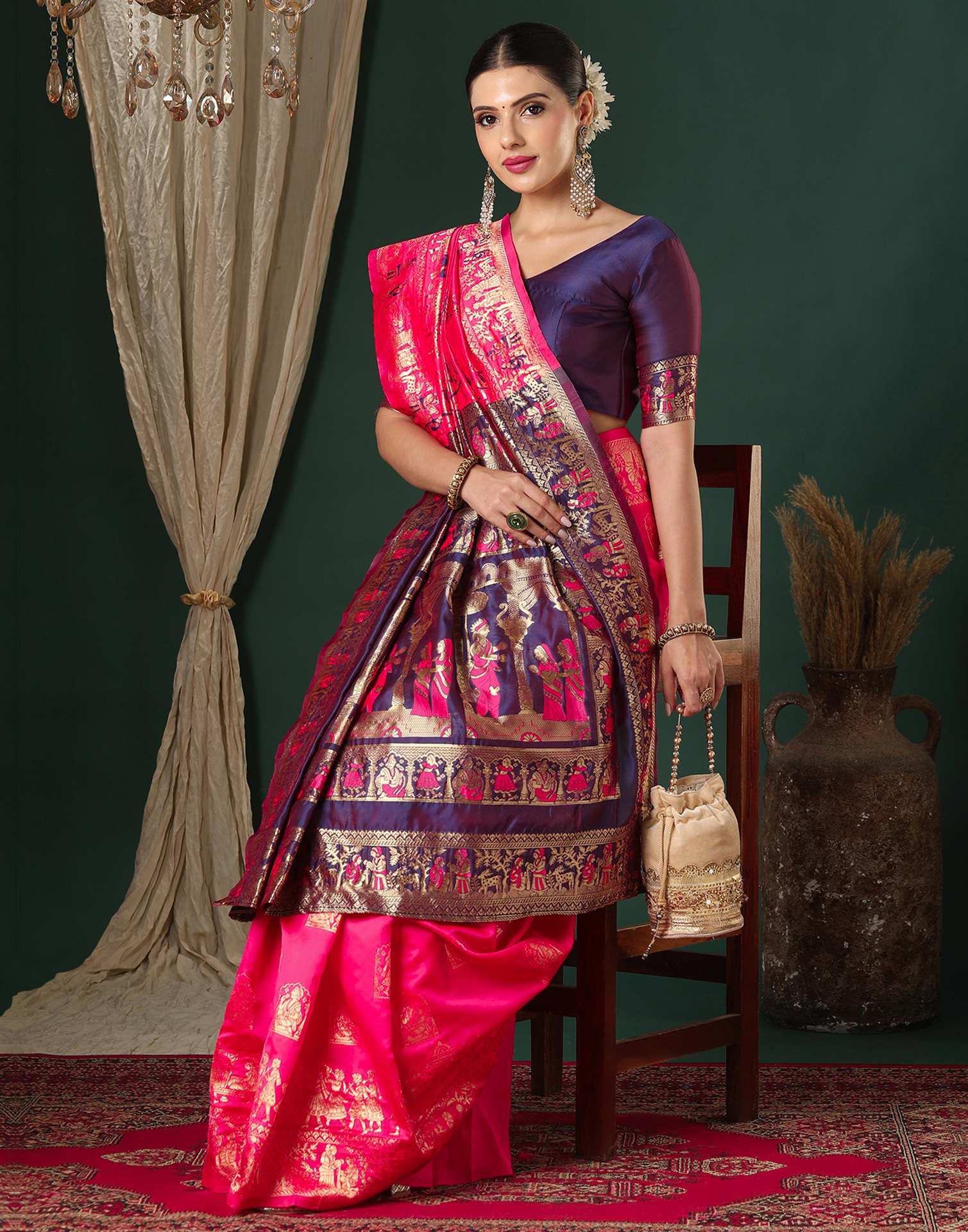 Bright Pink Silk Woven Banarasi Saree