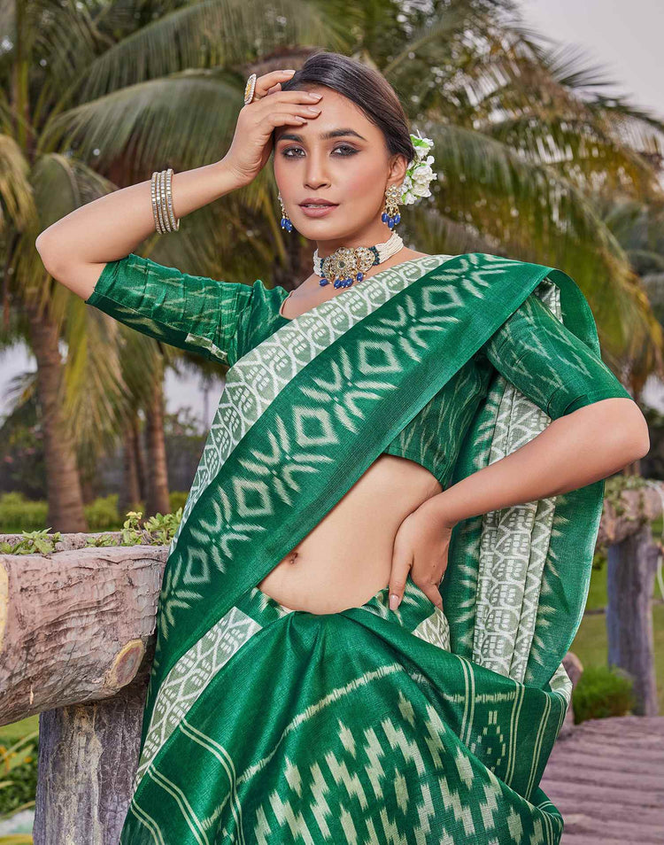 Green Cotton Blend Ikkat Printed Saree