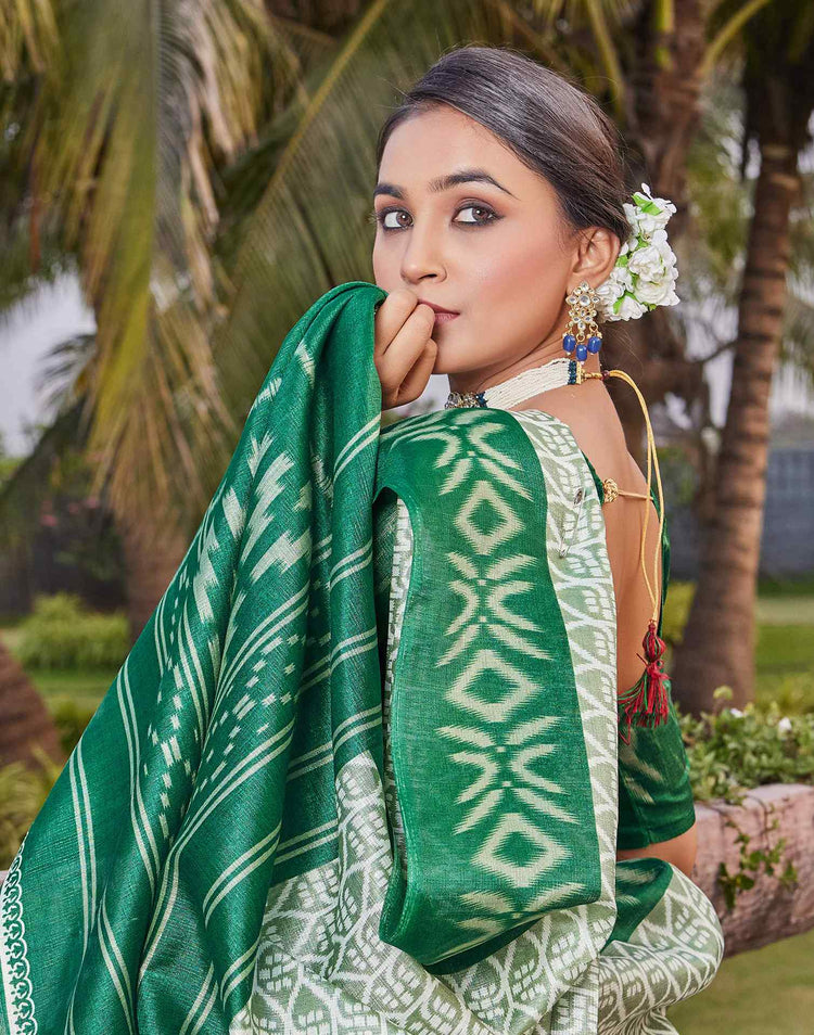 Green Cotton Blend Ikkat Printed Saree