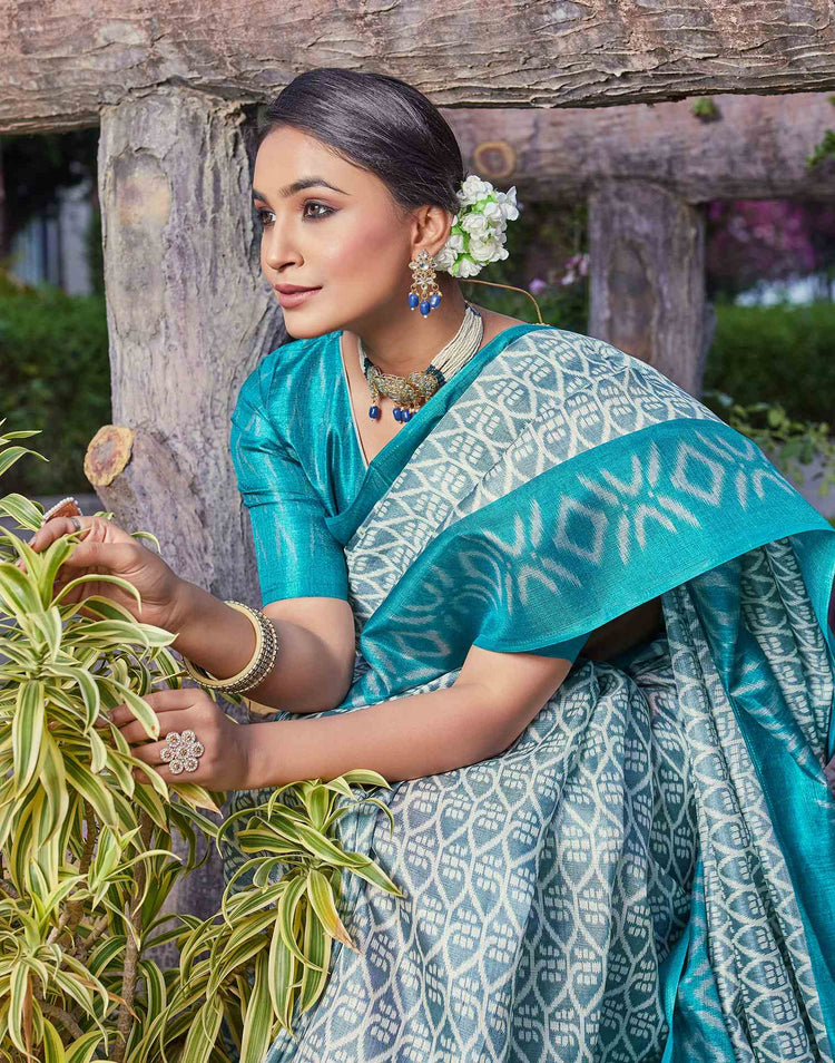Grey Cotton Blend Ikkat Printed Saree