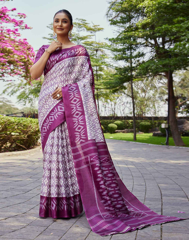 Mauve Cotton Blend Ikkat Printed Saree