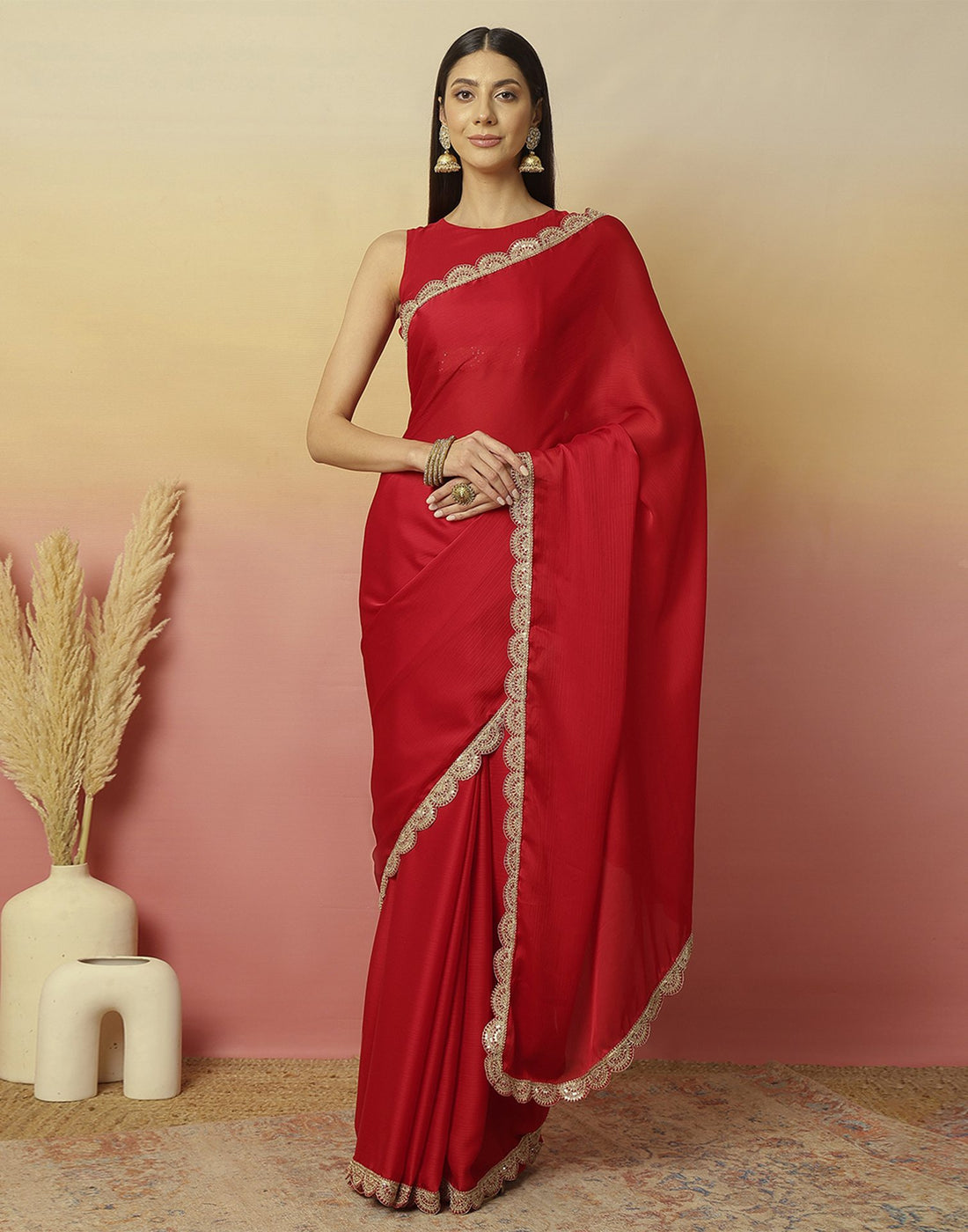 Red Satin Sequence Plain Saree