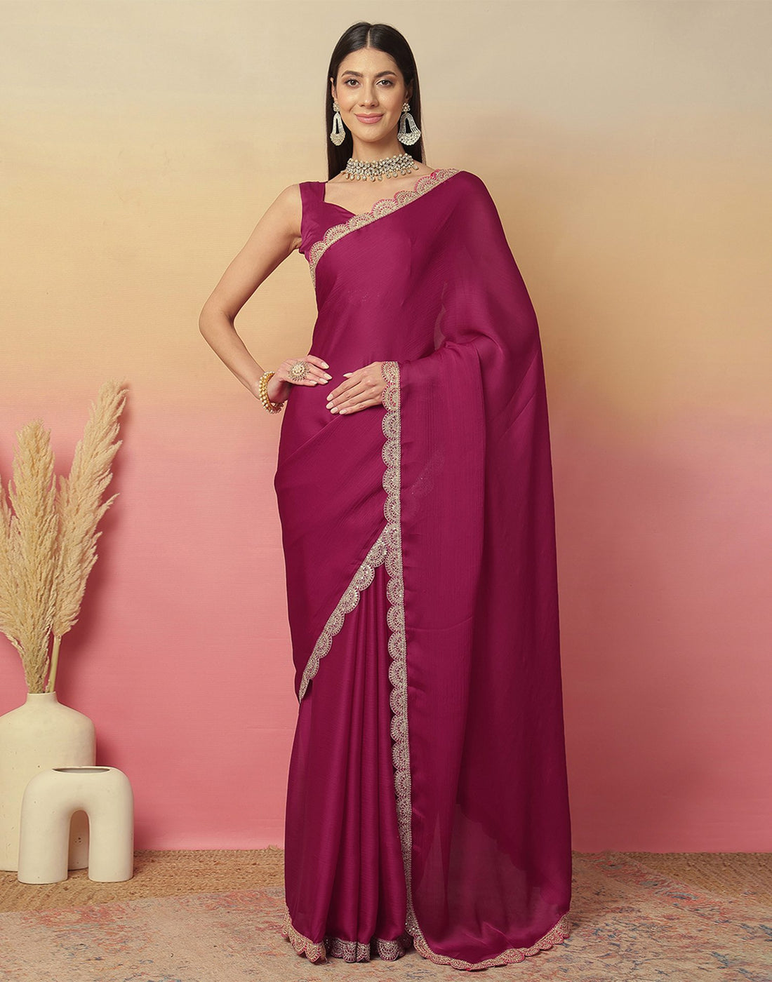 Rani Pink Satin Sequence Plain Saree