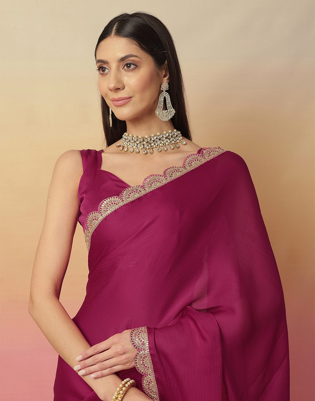 Rani Pink Satin Sequence Plain Saree