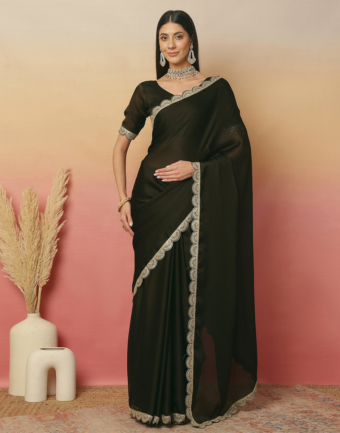 Dark Green Satin Sequence Plain Saree