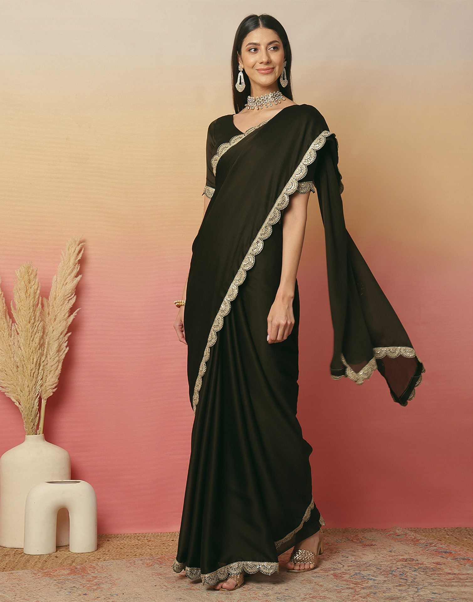 Dark Green Satin Sequence Plain Saree