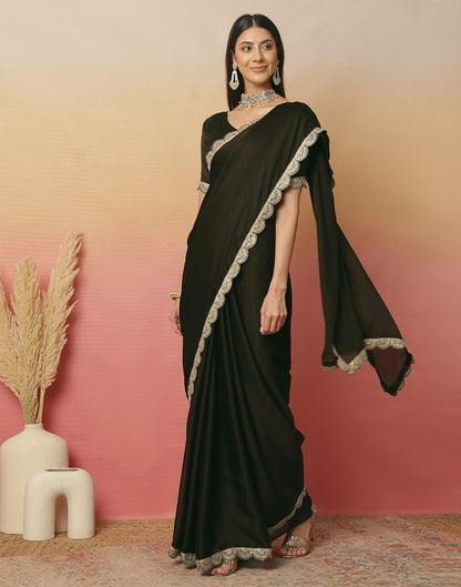 Dark Green Satin Sequence Plain Saree