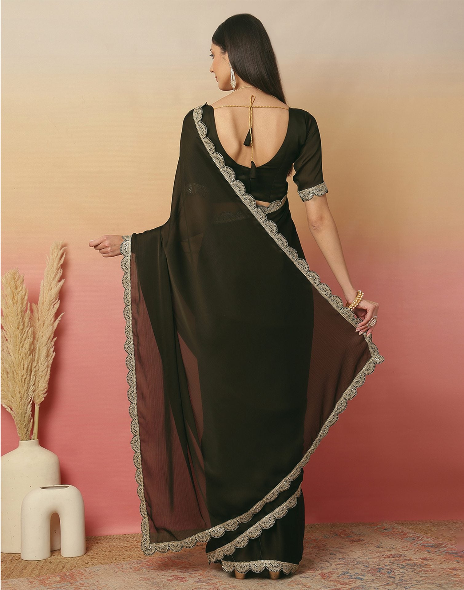 Dark Green Satin Sequence Plain Saree