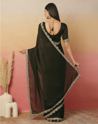 Dark Green Satin Sequence Plain Saree