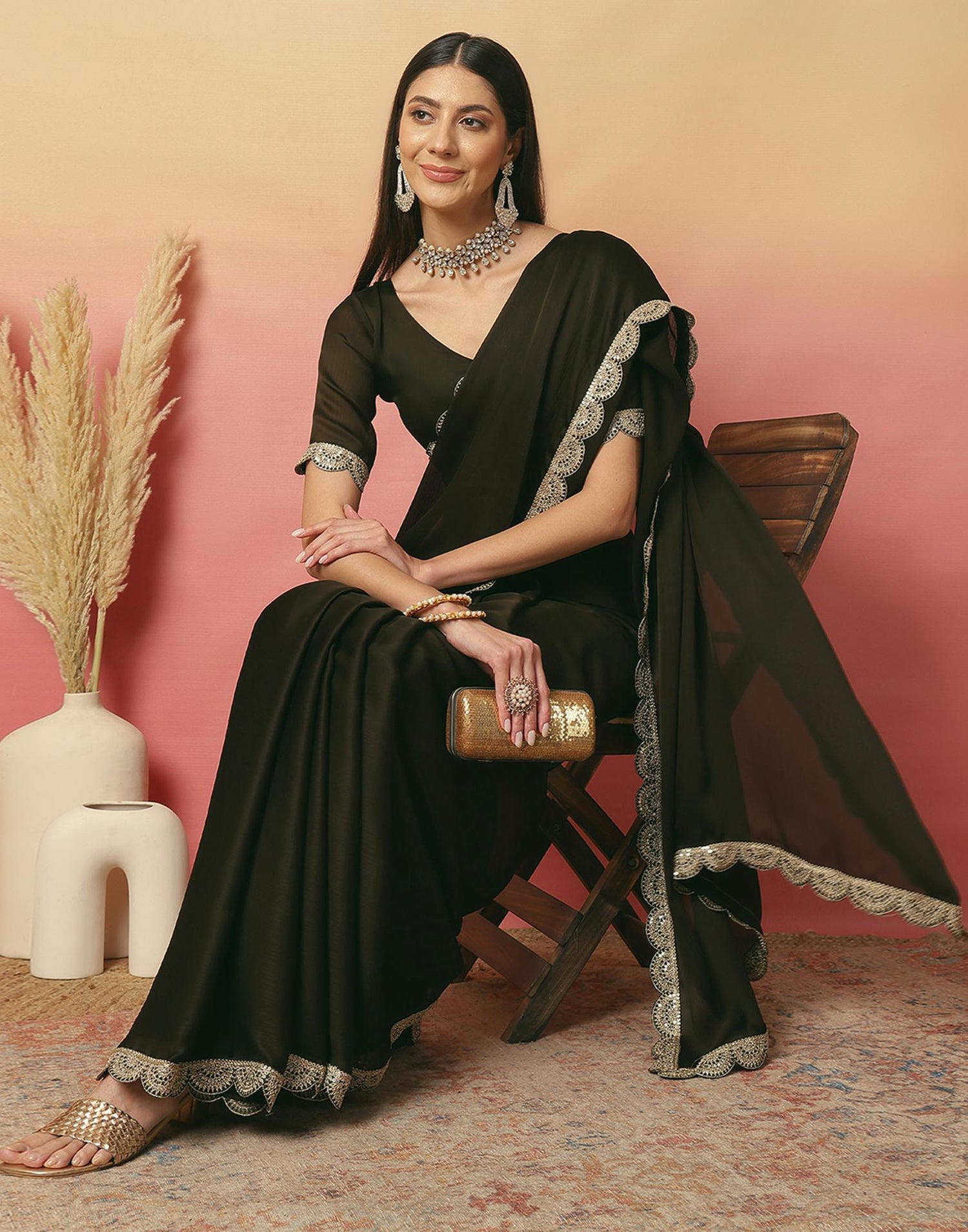 Dark Green Satin Sequence Plain Saree