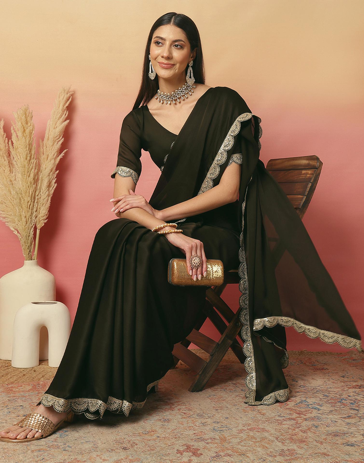 Dark Green Satin Sequence Plain Saree