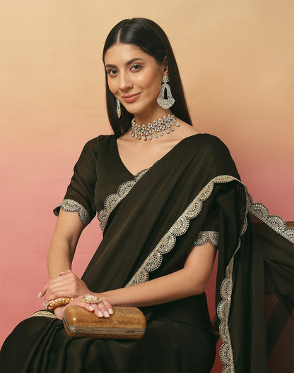 Dark Green Satin Sequence Plain Saree