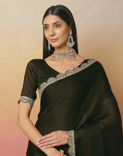 Dark Green Satin Sequence Plain Saree