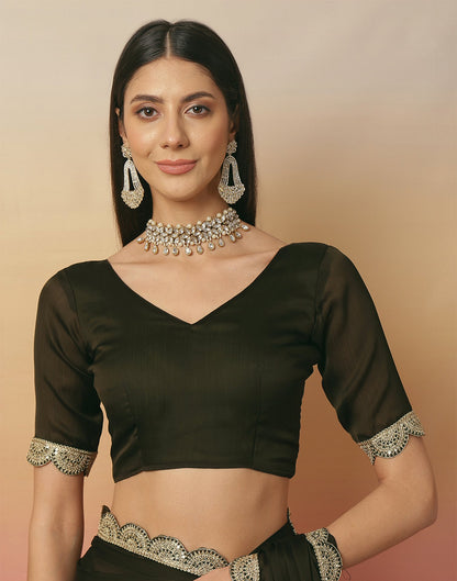 Dark Green Satin Sequence Plain Saree