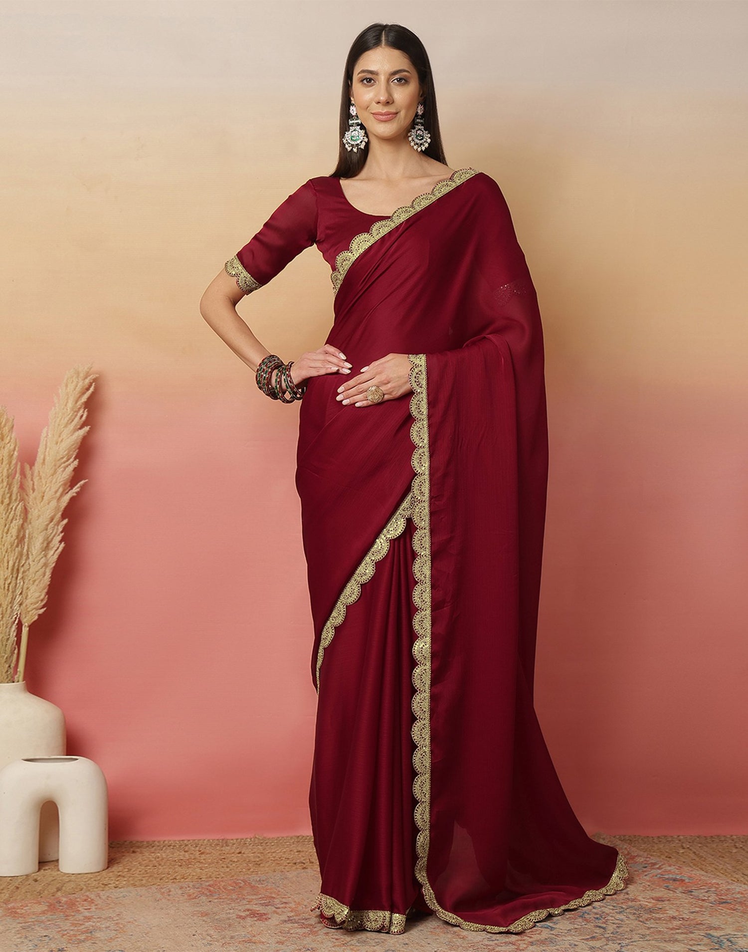 Maroon Satin Sequence Plain Saree