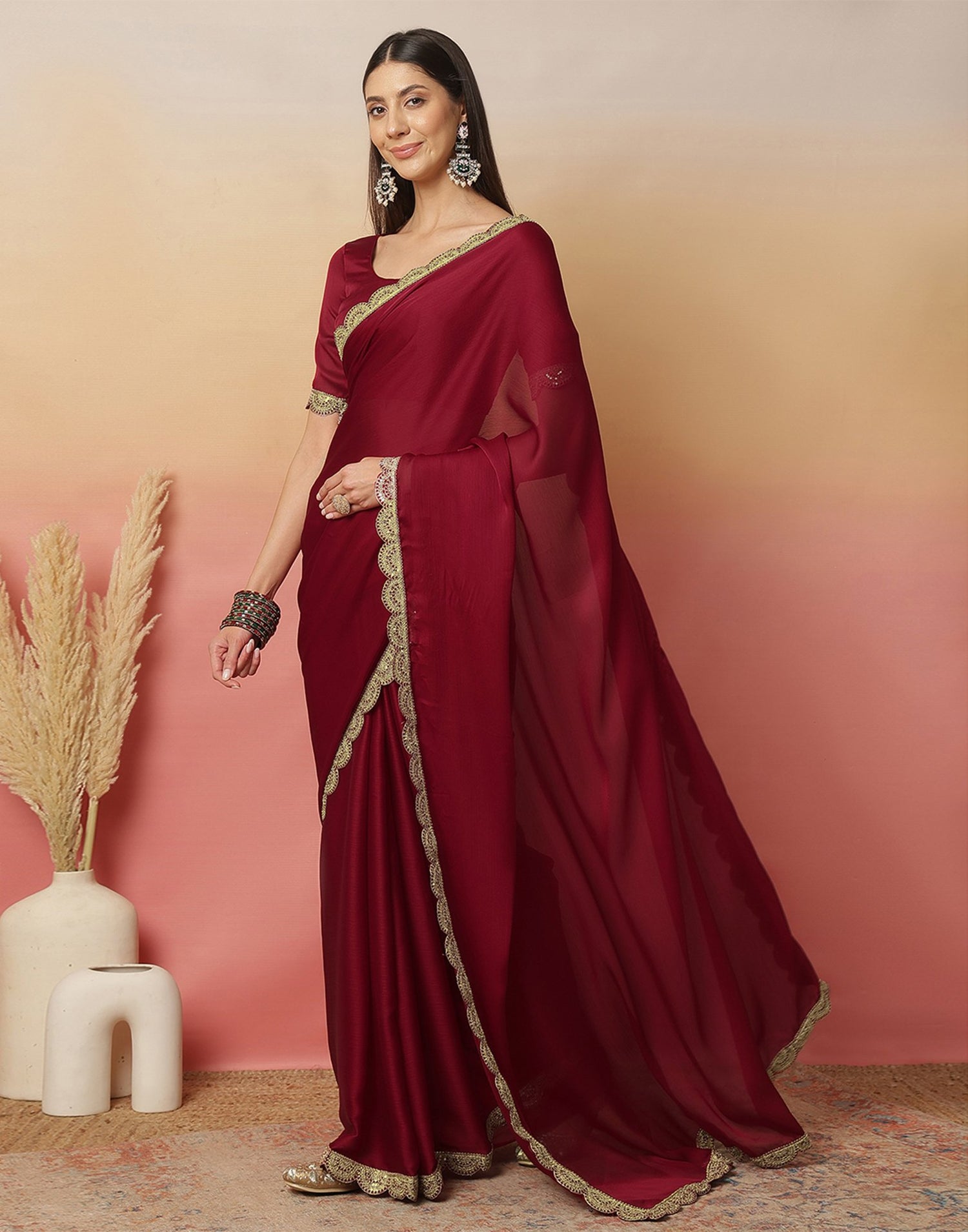 Maroon Satin Sequence Plain Saree