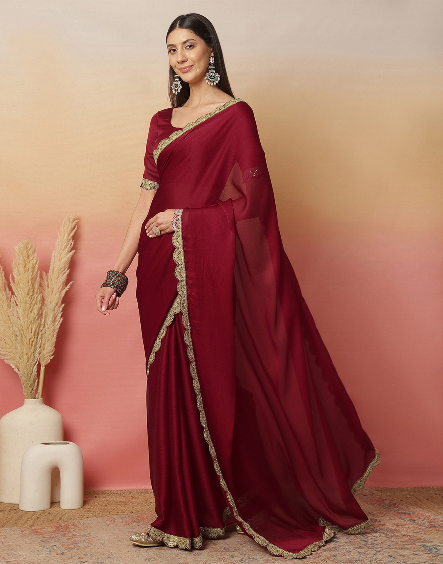 Maroon Satin Sequence Plain Saree