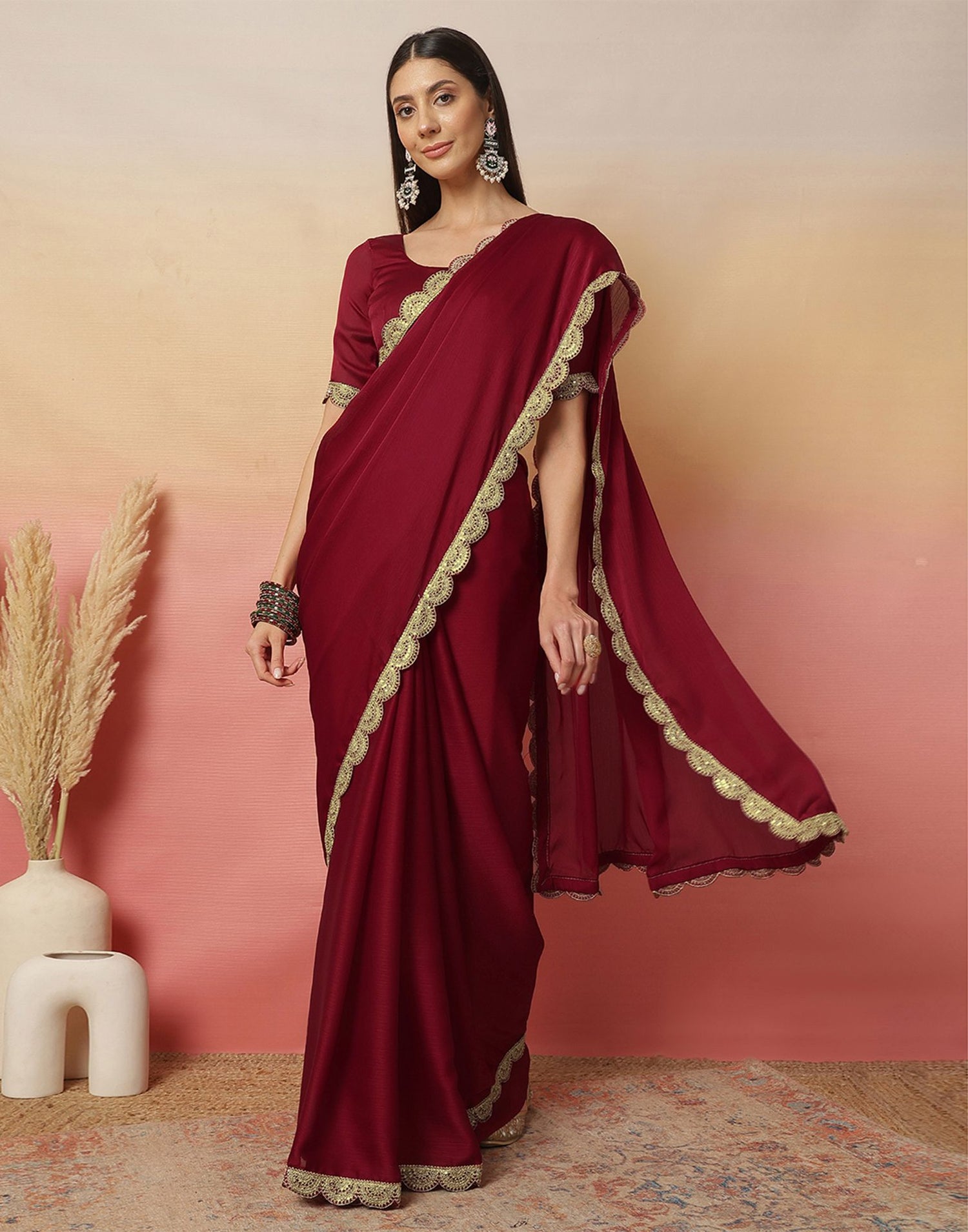 Maroon Satin Sequence Plain Saree