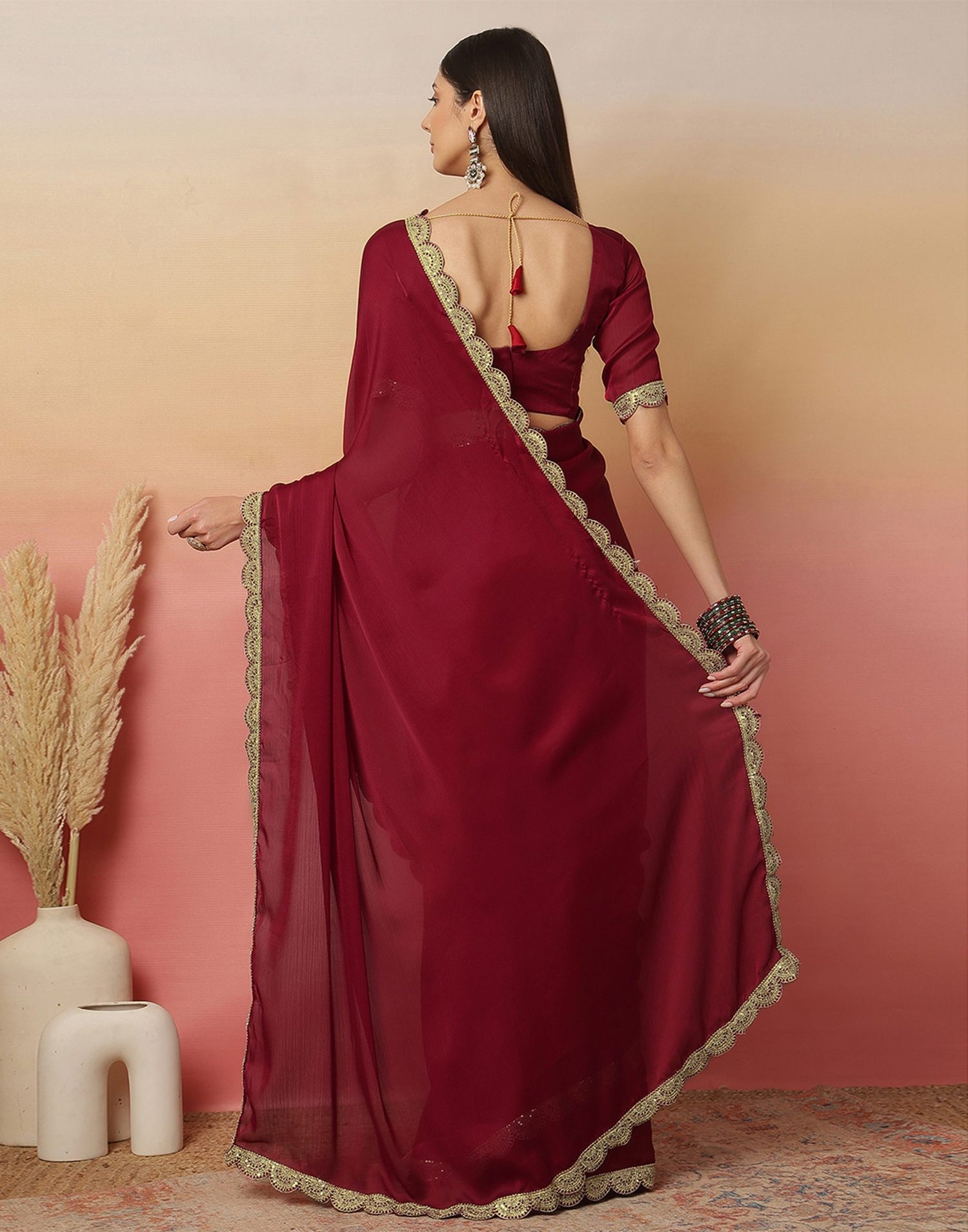 Maroon Satin Sequence Plain Saree