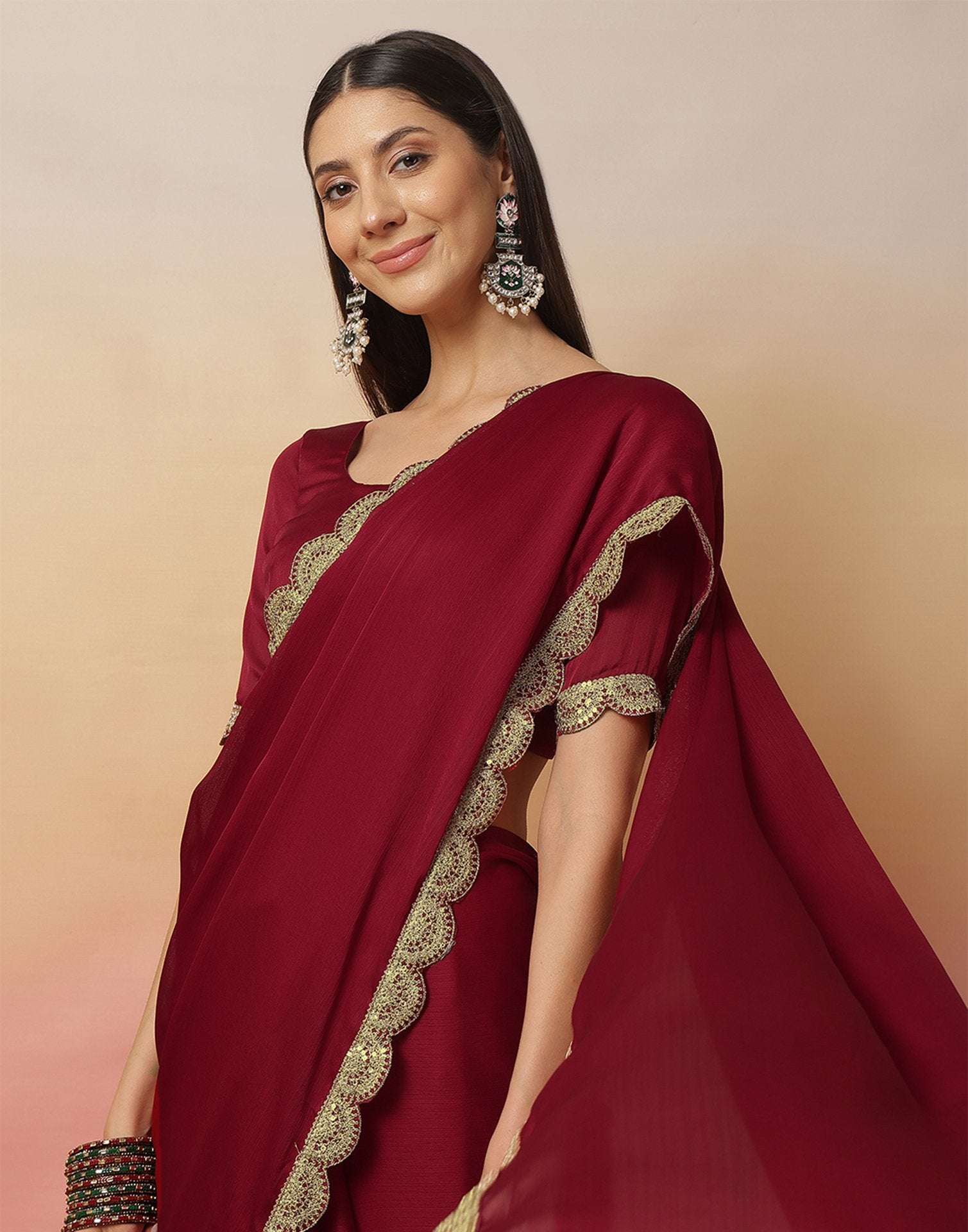 Maroon Satin Sequence Plain Saree