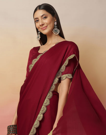 Maroon Satin Sequence Plain Saree
