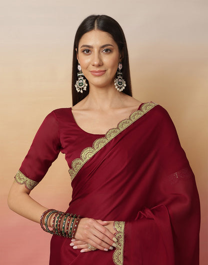 Maroon Satin Sequence Plain Saree