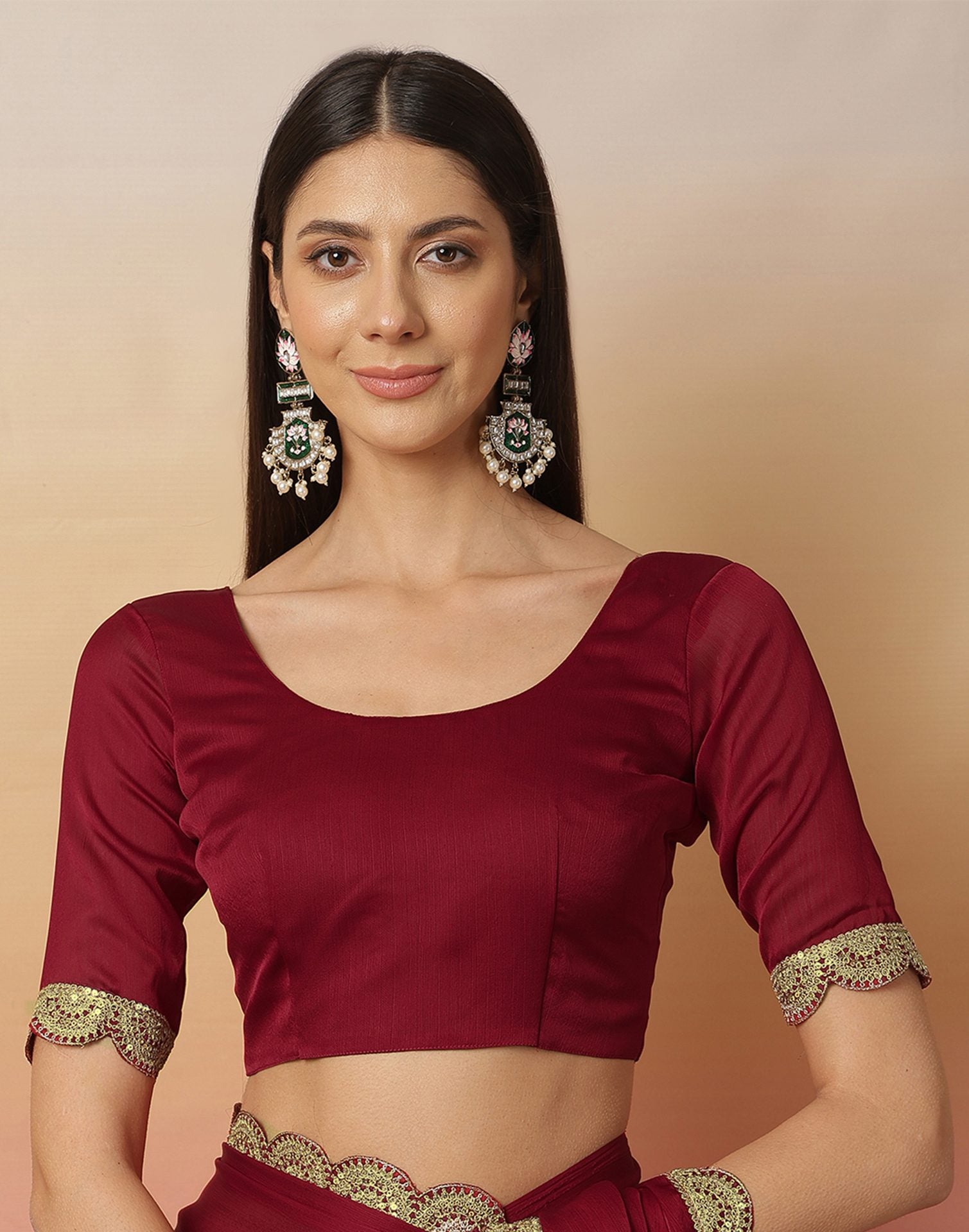 Maroon Satin Sequence Plain Saree