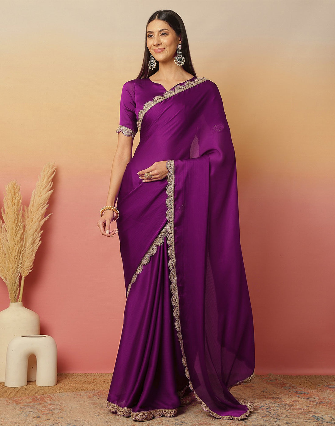 Dark Magenta Satin Sequence Plain Saree