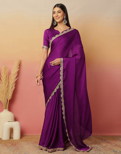 Dark Magenta Satin Sequence Plain Saree