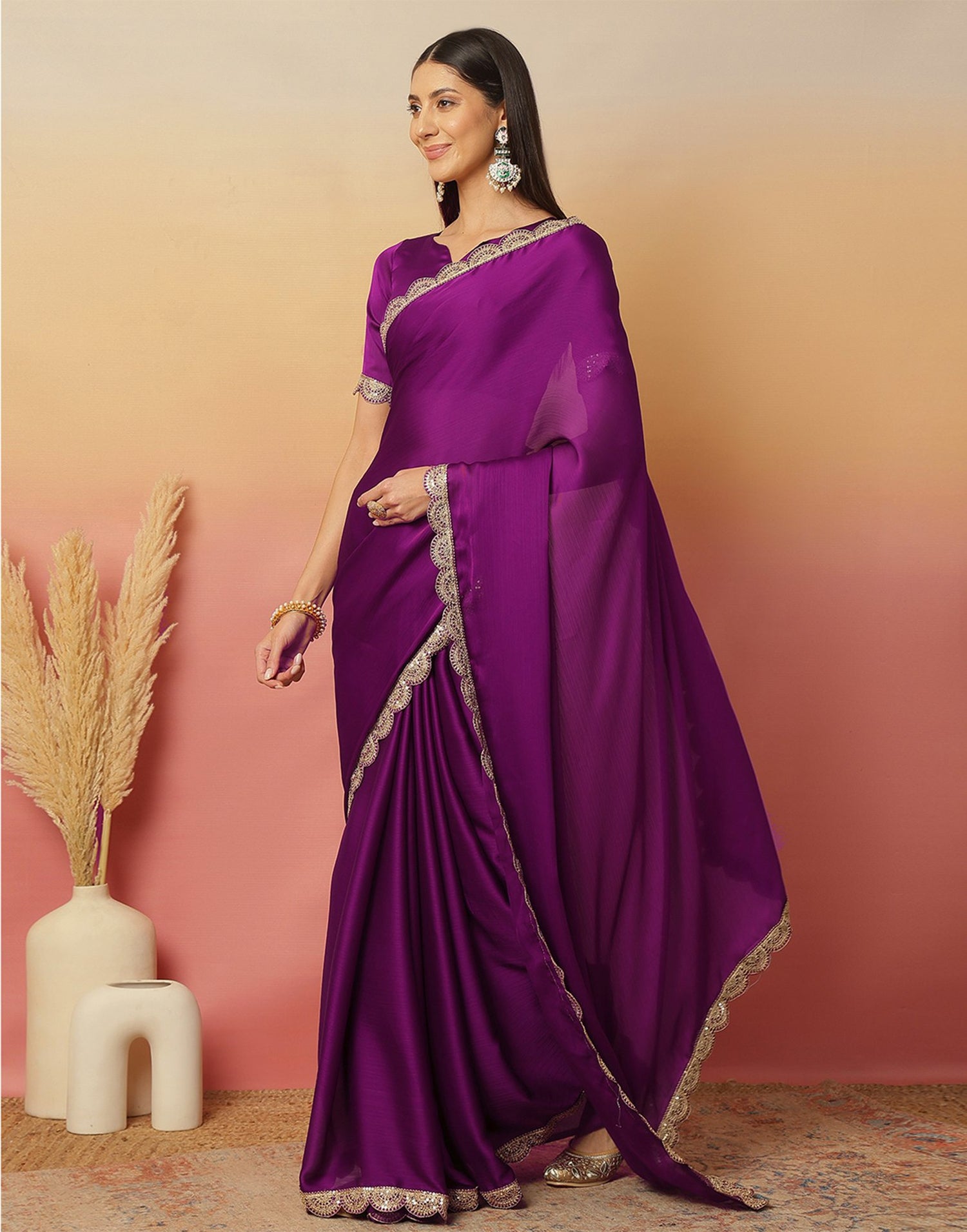 Dark Magenta Satin Sequence Plain Saree