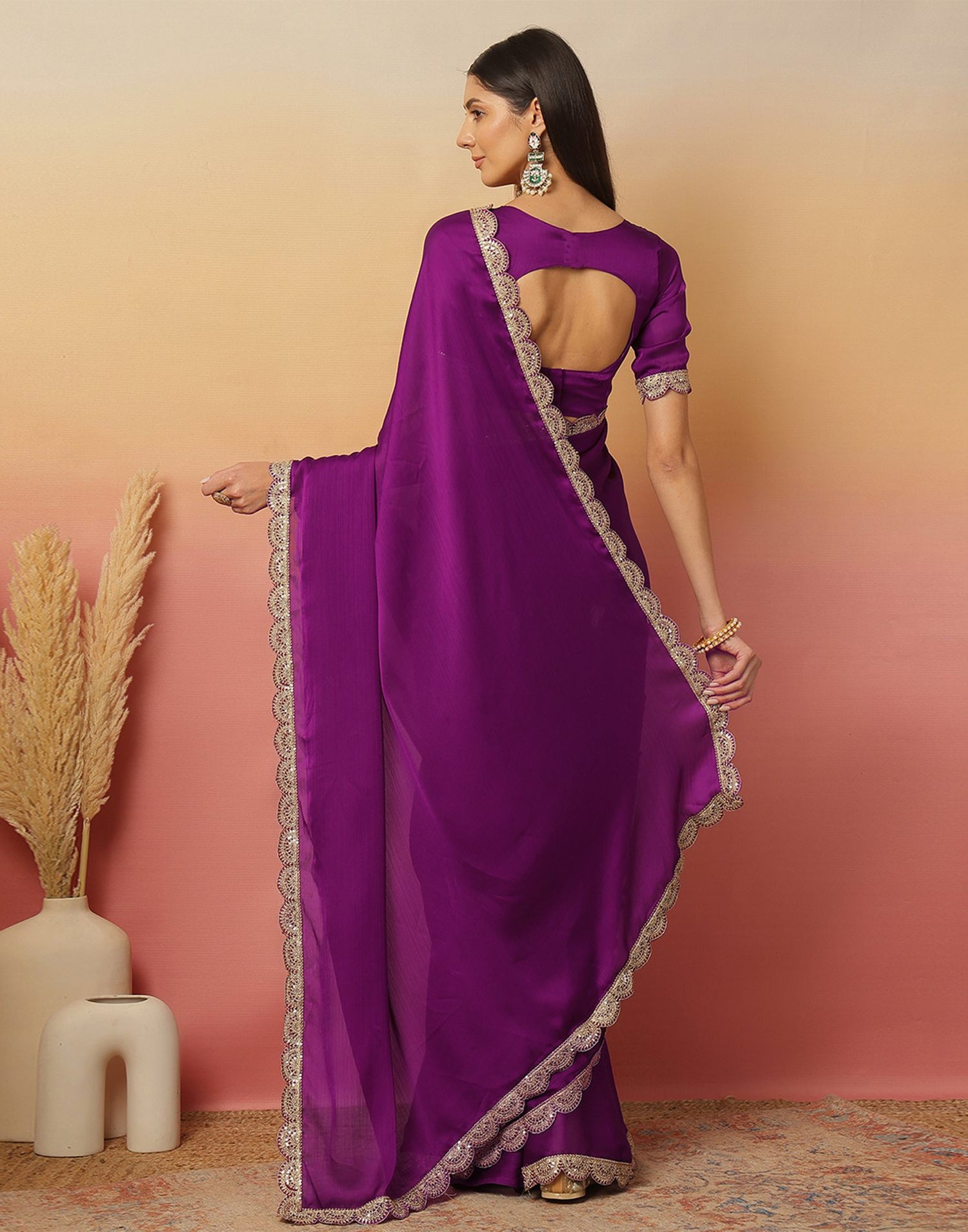 Dark Magenta Satin Sequence Plain Saree